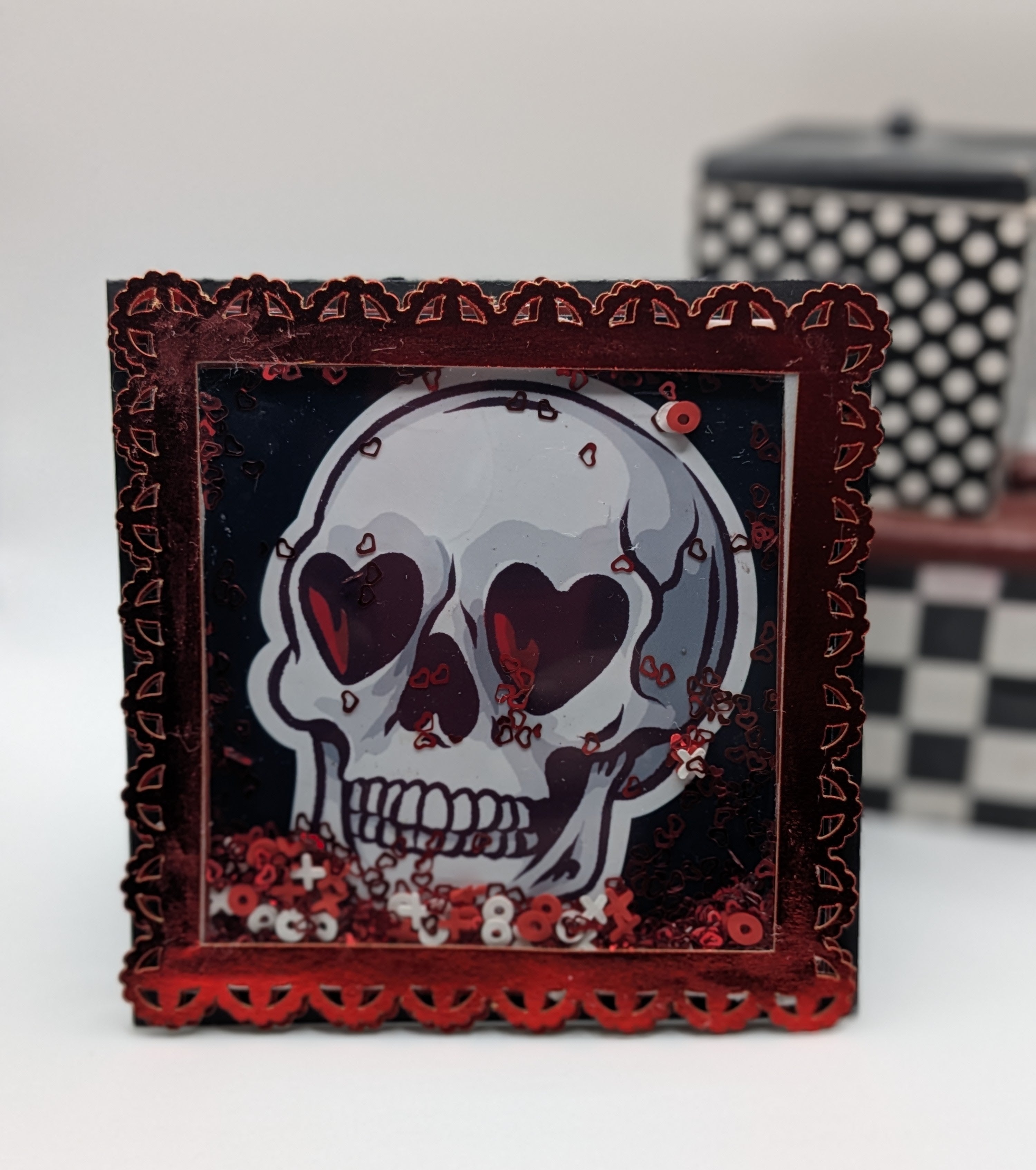 Valentine's Day Card - skull with heart eyes shaker card