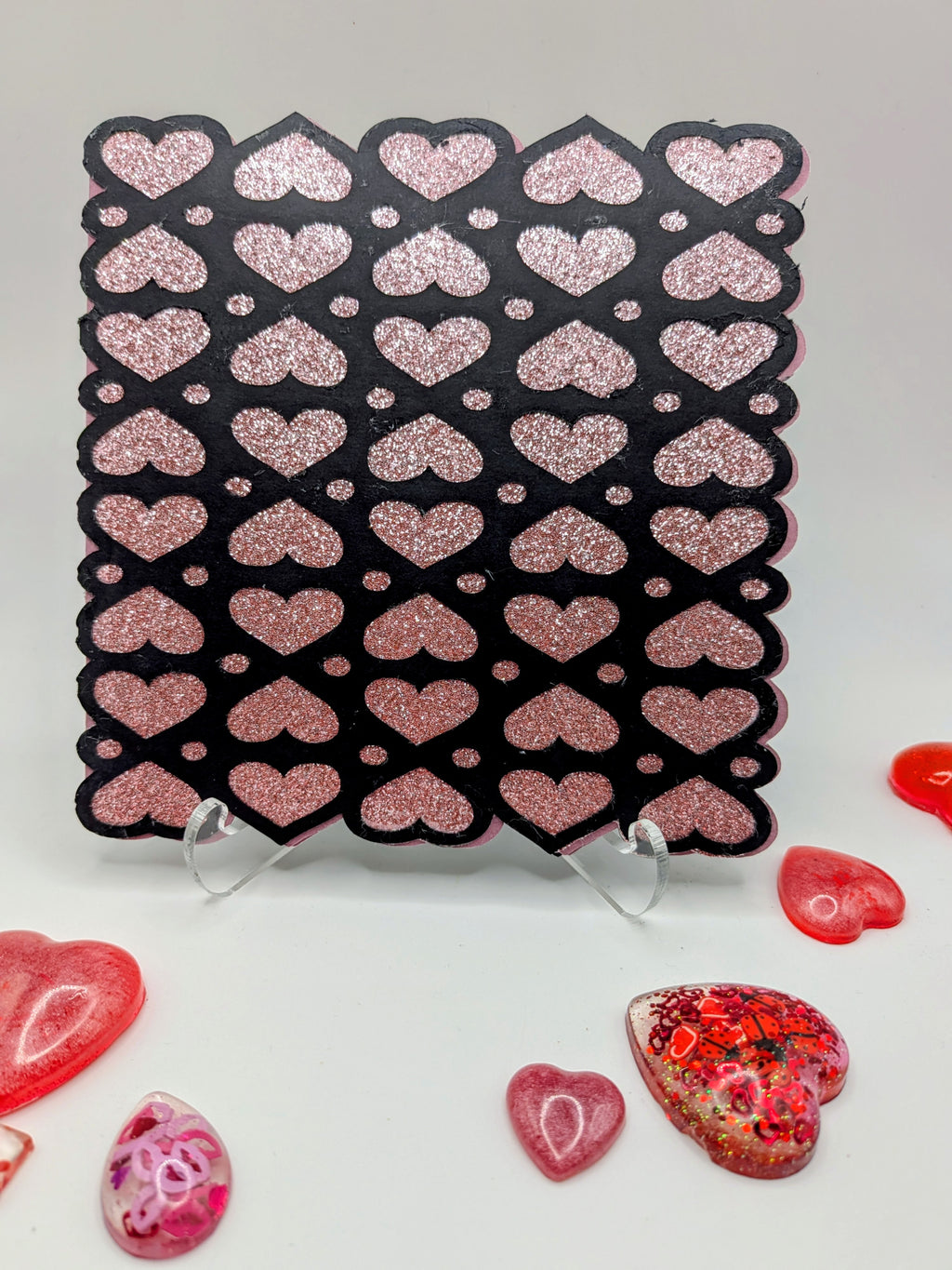 Valentine's Day Card - Cutout Card with pink and silver hearts