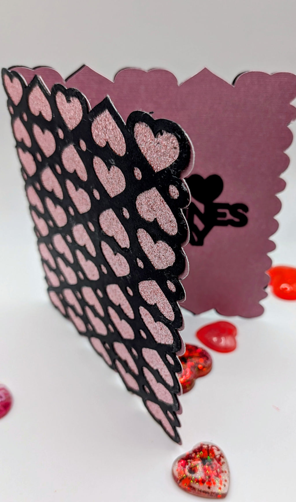 Valentine's Day Card - Cutout Card with pink and silver hearts