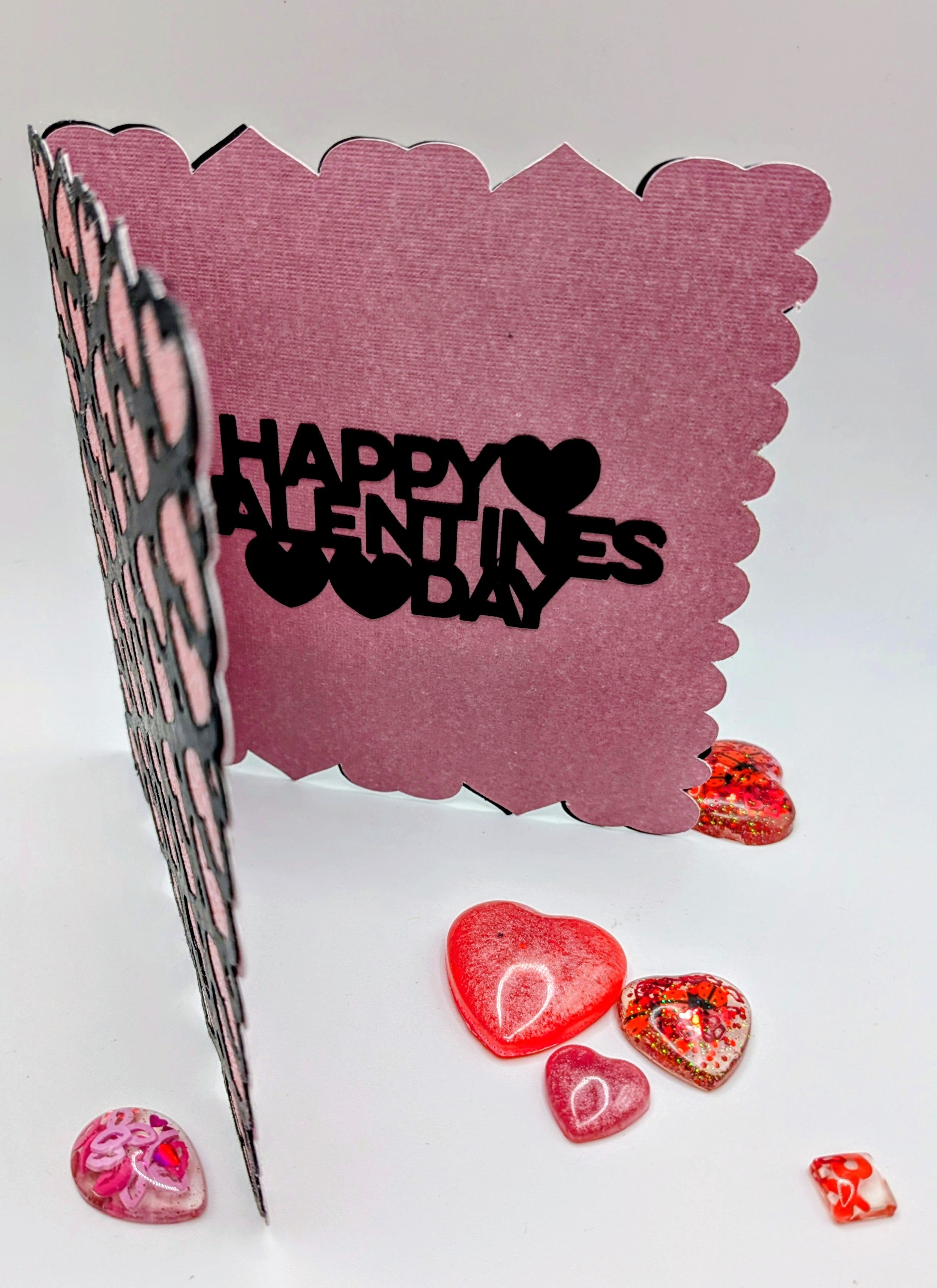Valentine's Day Card - Cutout Card with pink and silver hearts