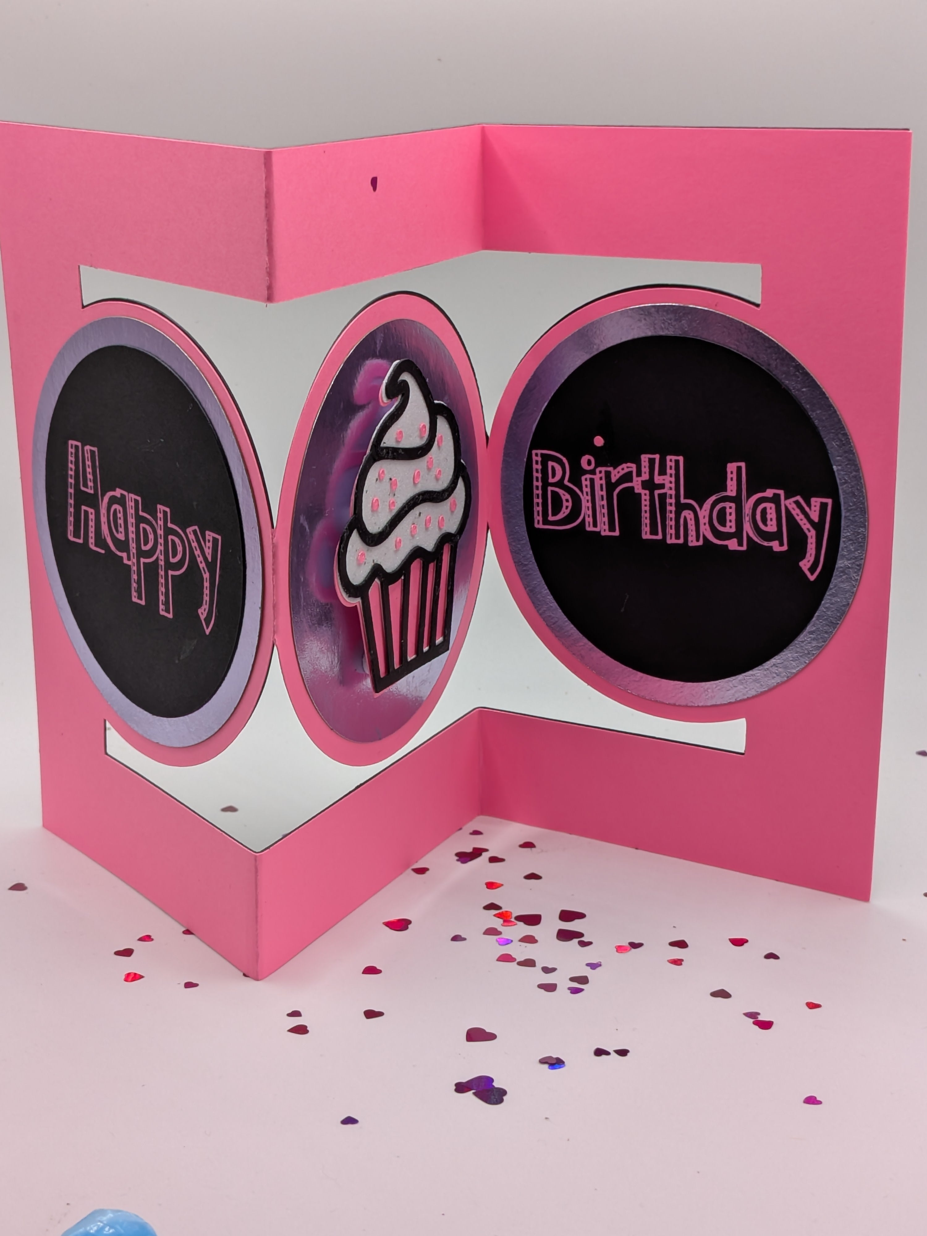 Birthday Card -tri fold - hot pink with cupcake