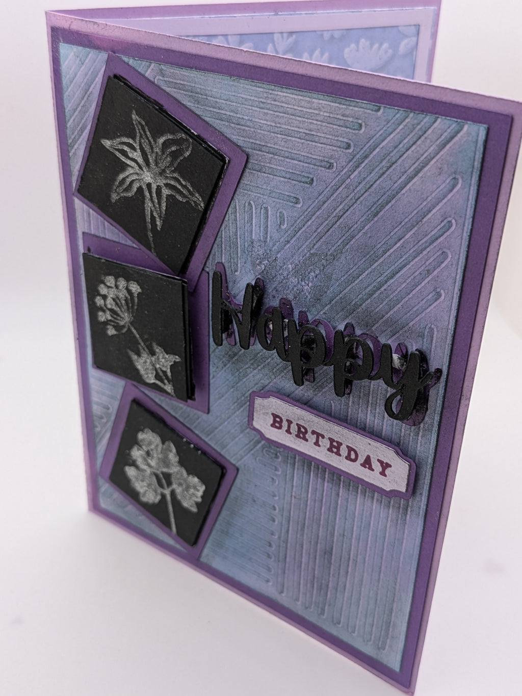 Birthday Card with embossing and dimensional layers - purple and blue tones